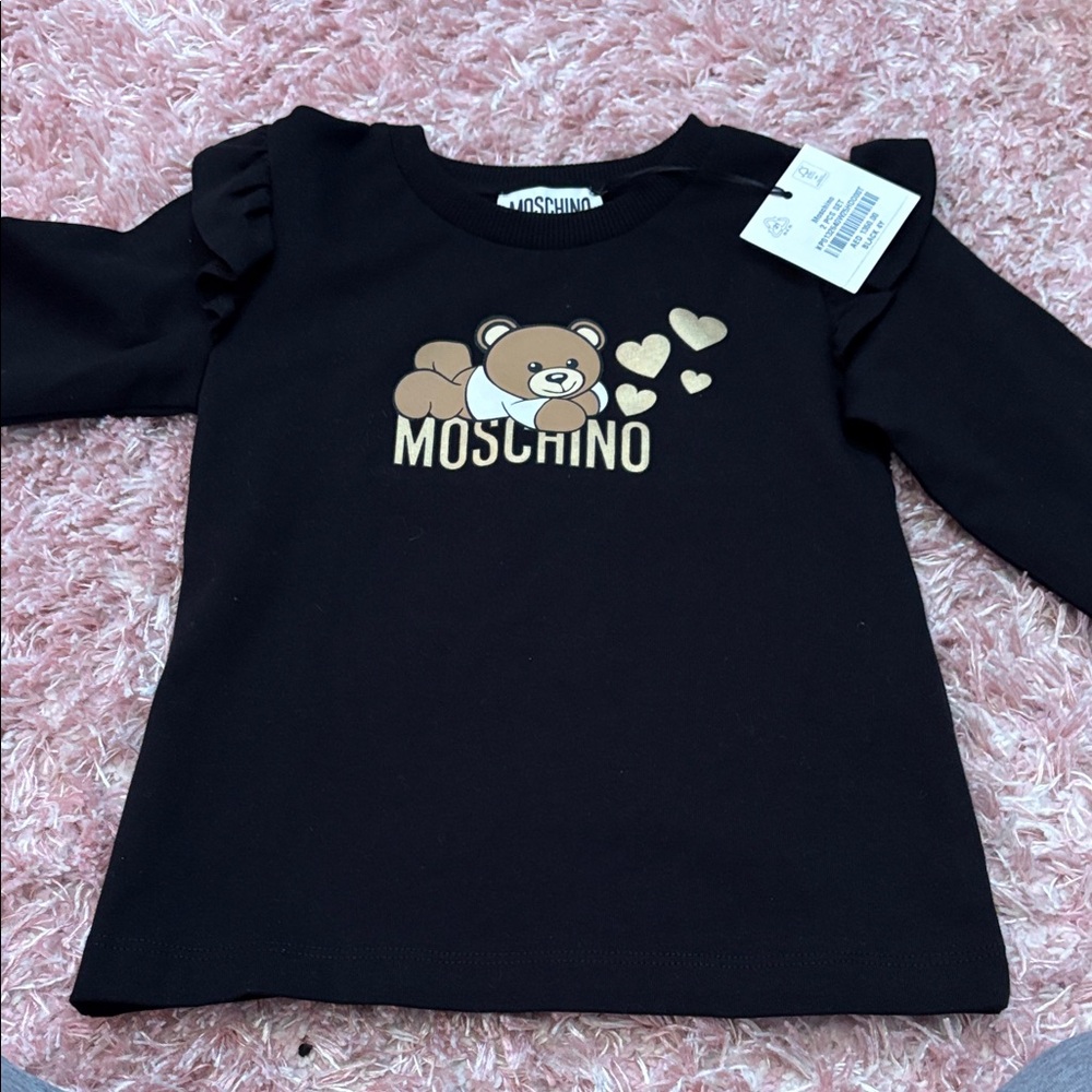 Moschino Black Long Sleeve Tee with Gold Bear and Hearts